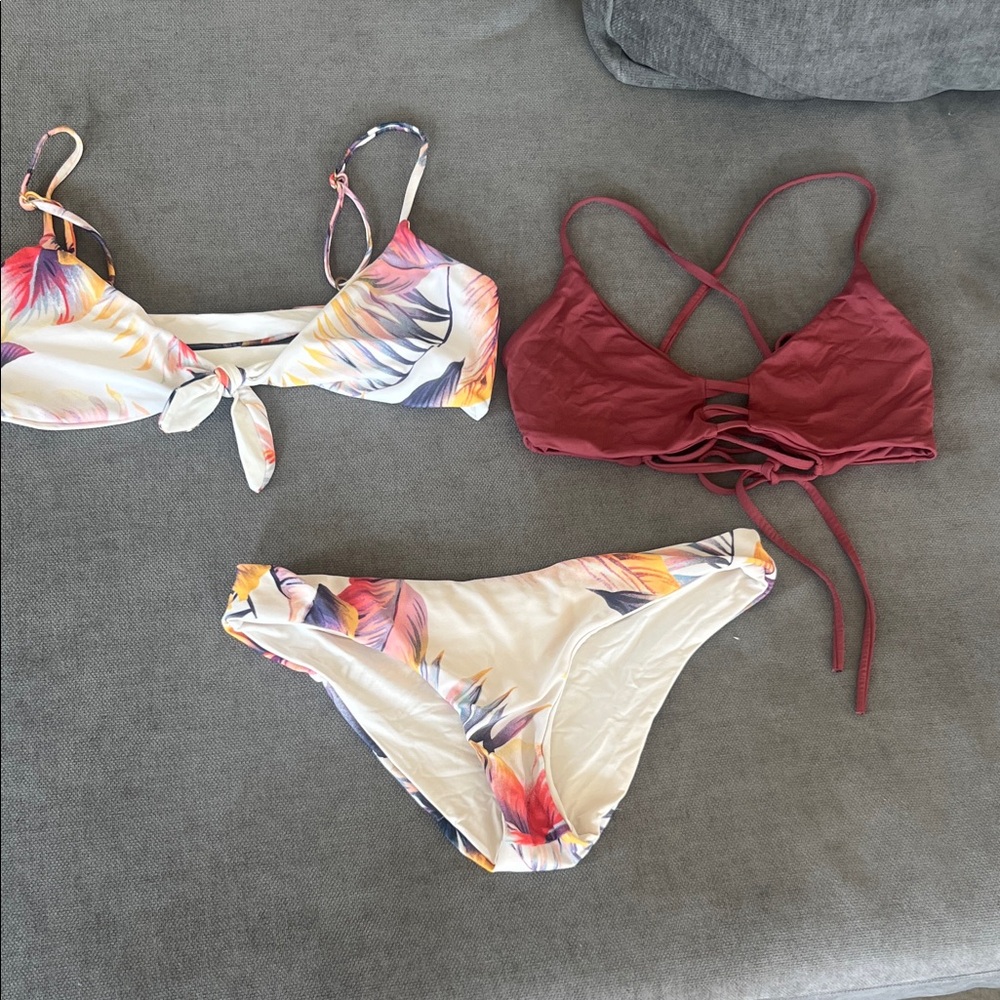 Floral and Burgundy Bikini Set- one bottom and two tops!